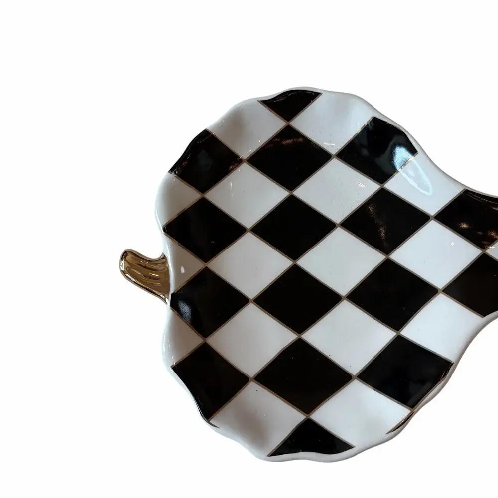 Black & White Harlequin Pumpkin Spoon Rest 10in Ceramic Checkered Halloween NEW